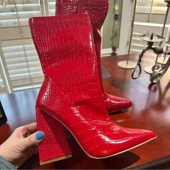 EGO Global Flare Heel Ankle Boots in Red Croc Size 8 - UK 6 - Picture 3 of 10